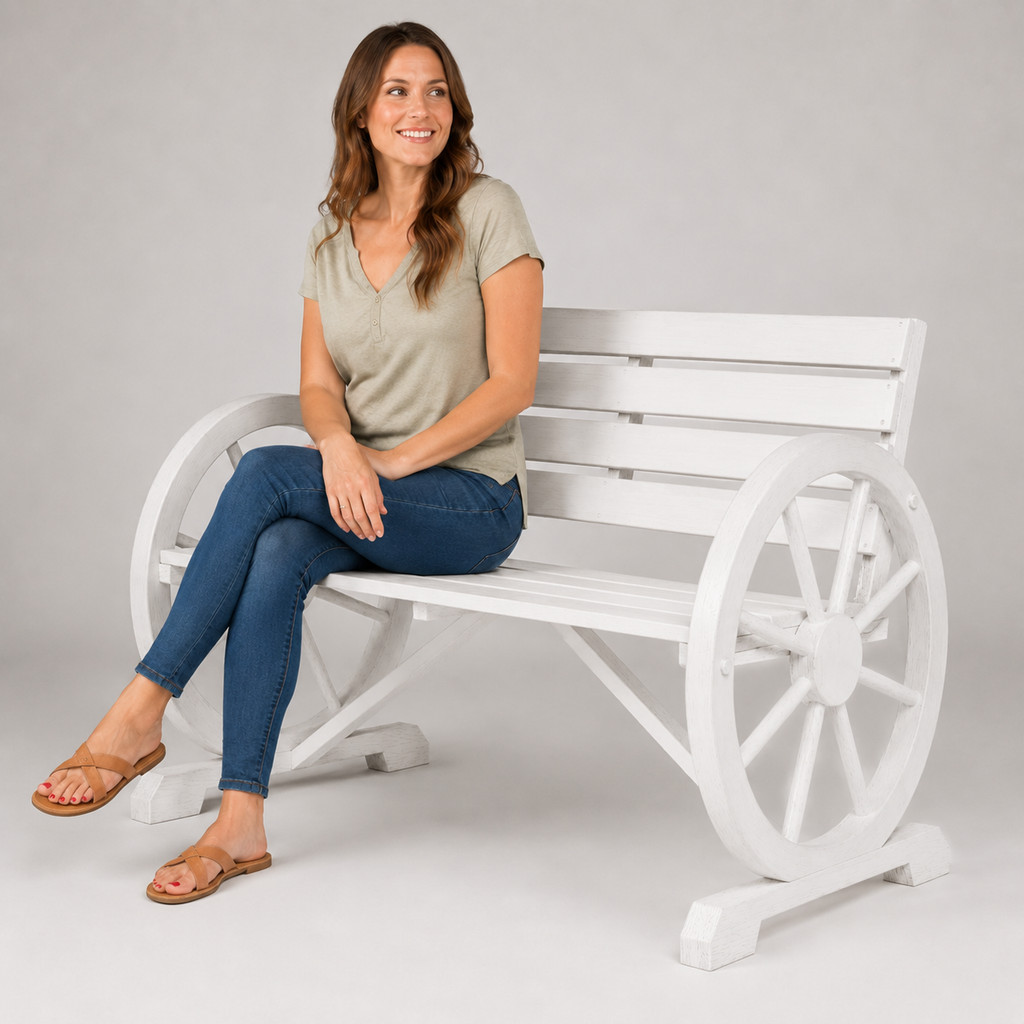 White Wagon Wheel Garden Bench - Front