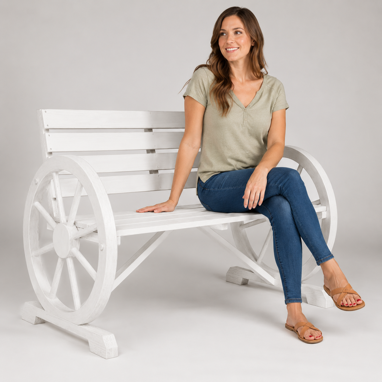 White Wagon Wheel Garden Bench - Side