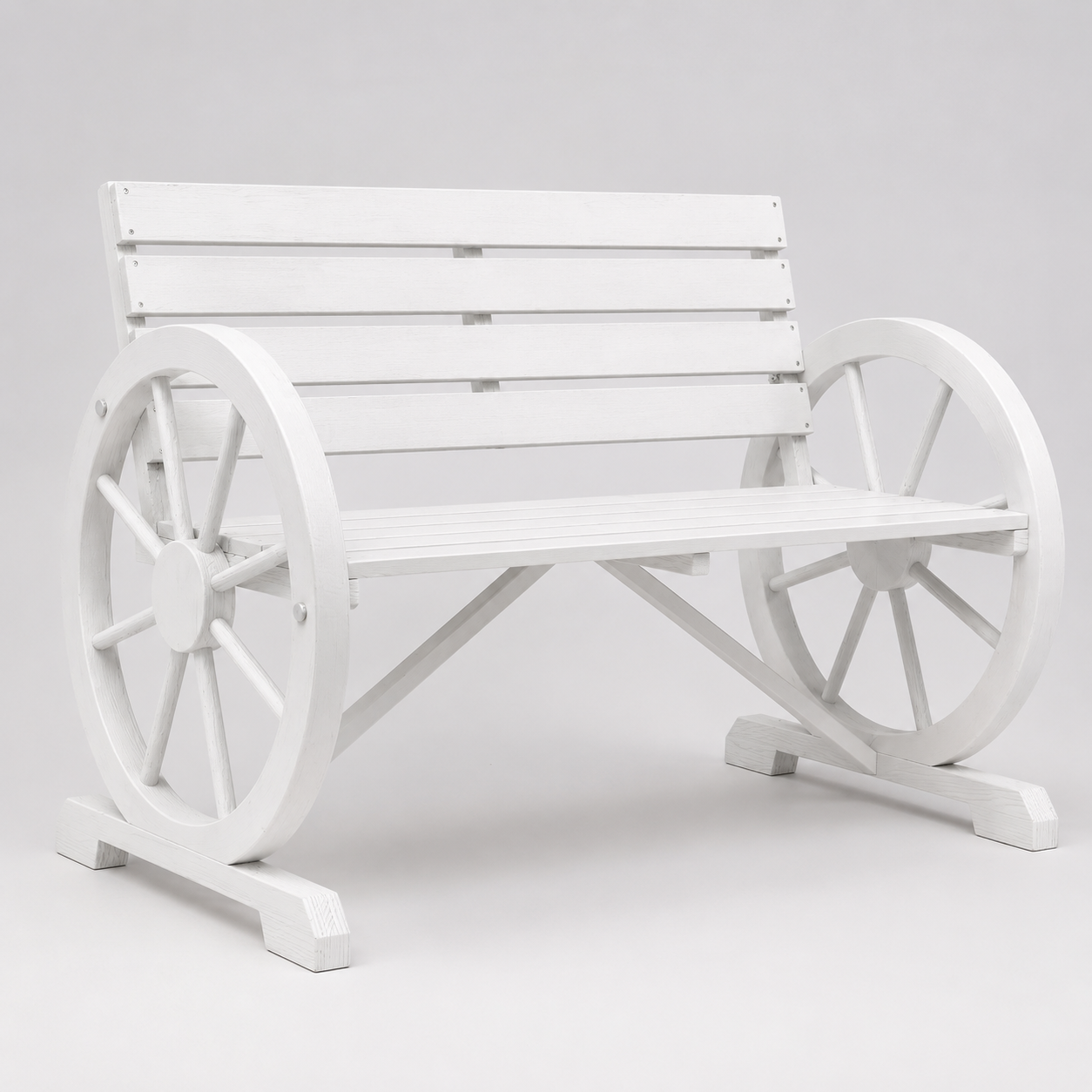 White Wagon Wheel Garden Bench - Detail