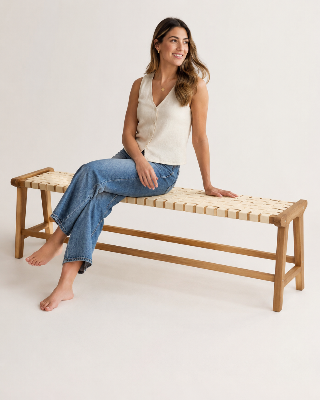 Woven Wood Accent Bench - Front