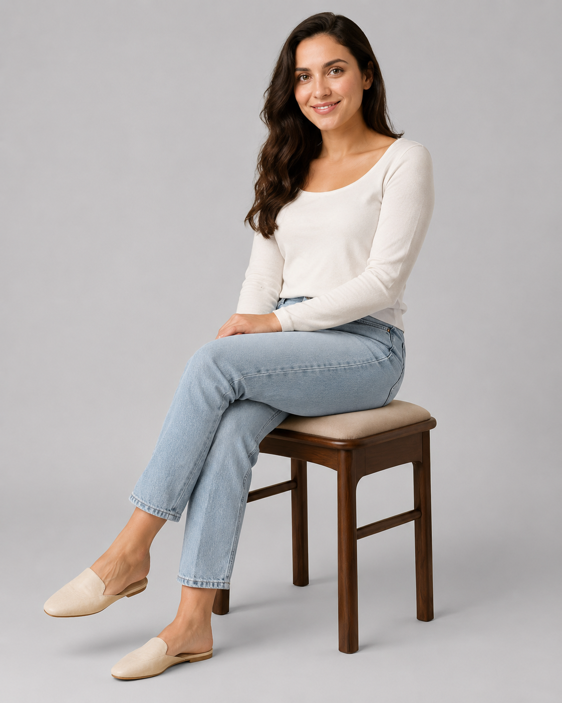 Cushioned Wooden Vanity Stool - Front