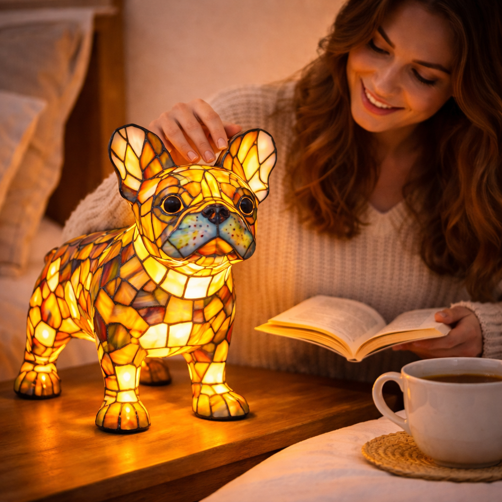 Colorful Dog Table Lamp Stained Glass LED Night Light Bedroom