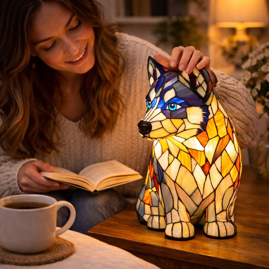 Colorful Dog Table Lamp Stained Glass LED Night Light Bedroom