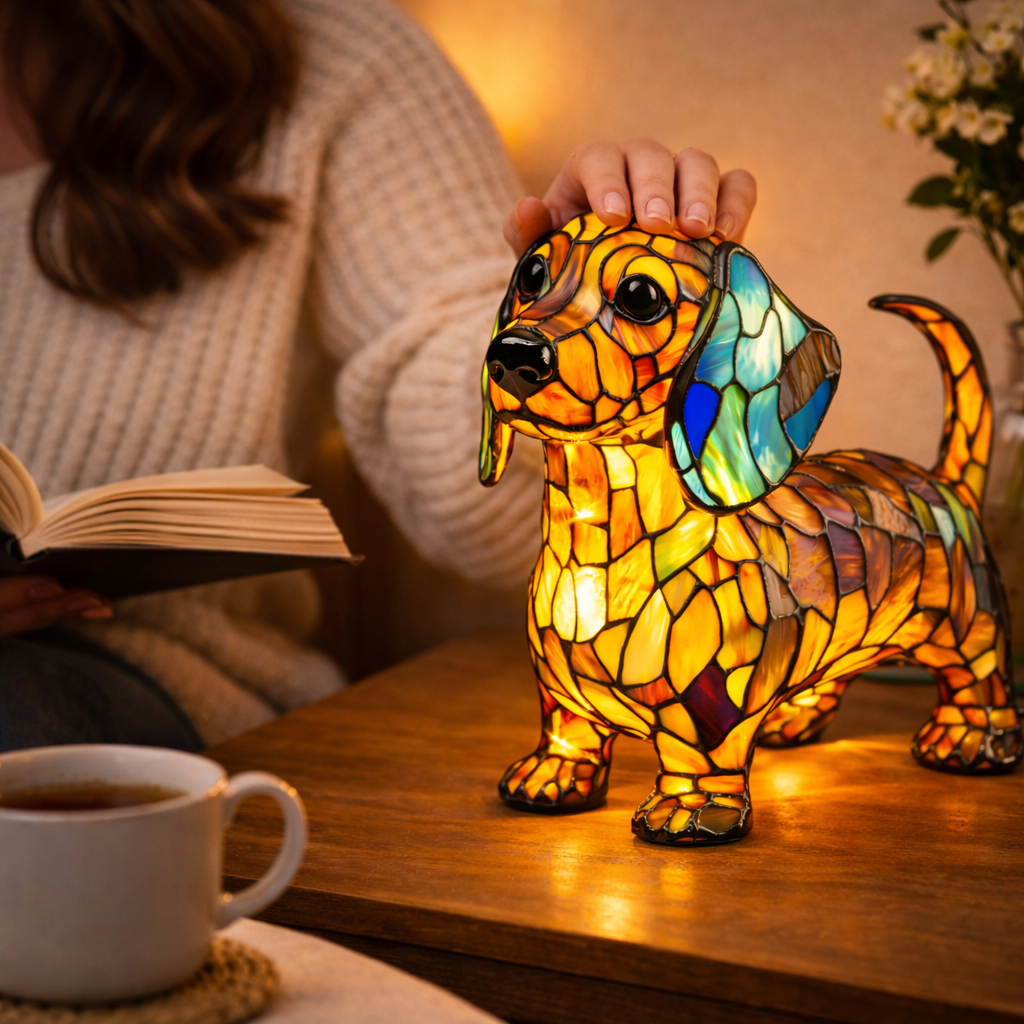 Colorful Dog Table Lamp Stained Glass LED Night Light Bedroom