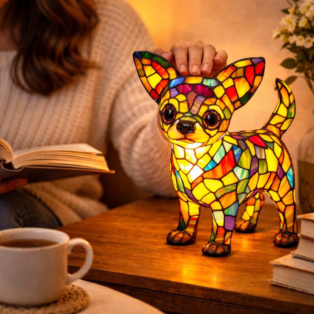 Colorful Dog Table Lamp Stained Glass LED Night Light Bedroom
