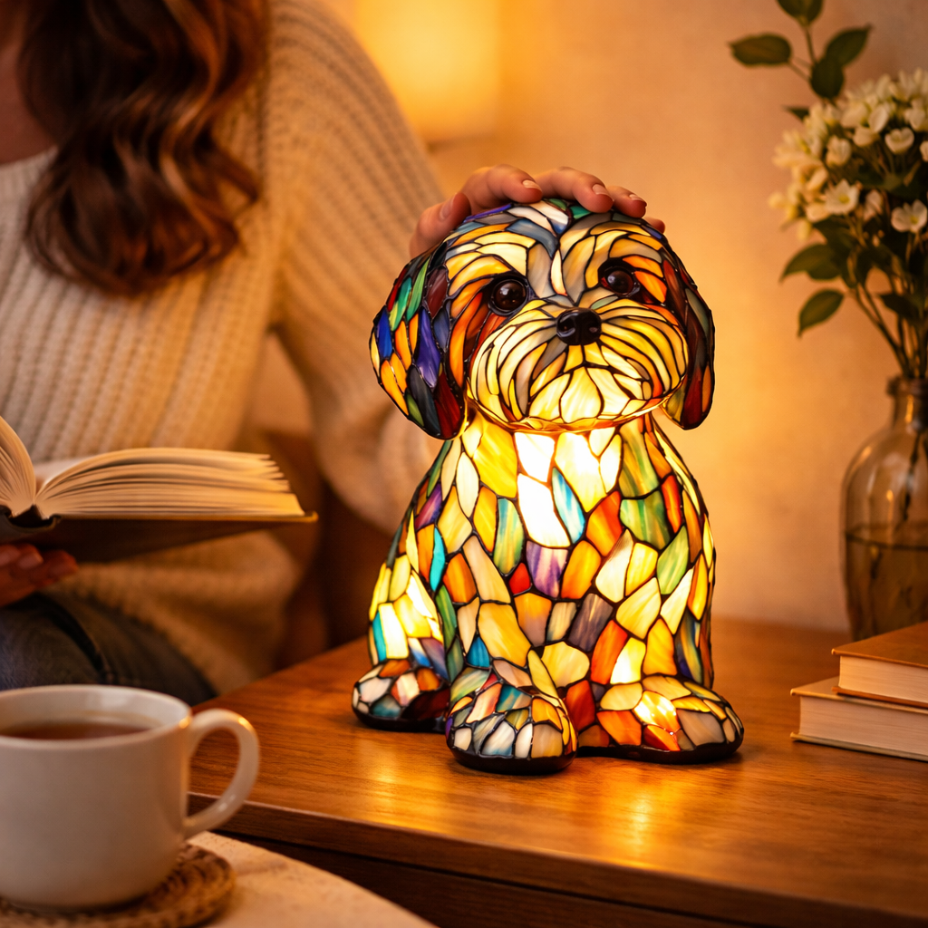 Colorful Dog Table Lamp Stained Glass LED Night Light Bedroom