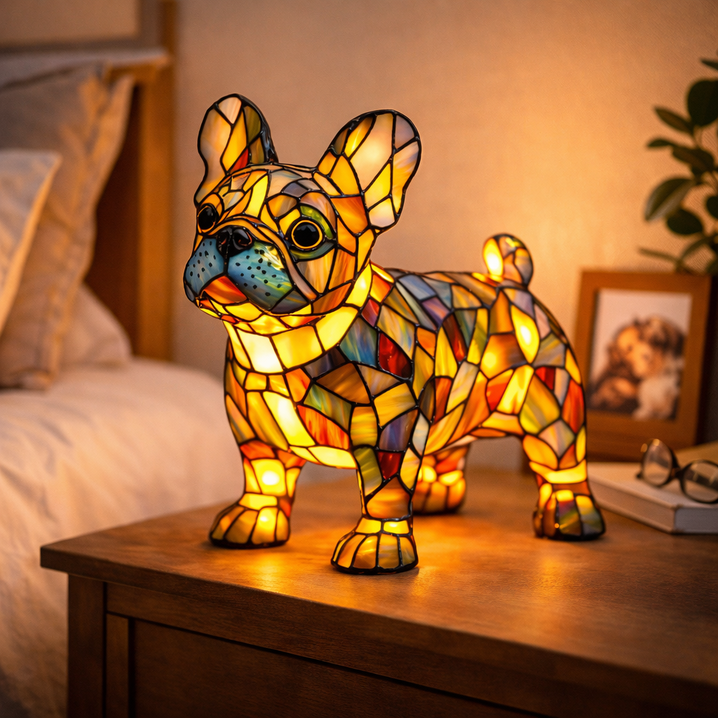 Colorful Dog Table Lamp Stained Glass LED Night Light Bedroom