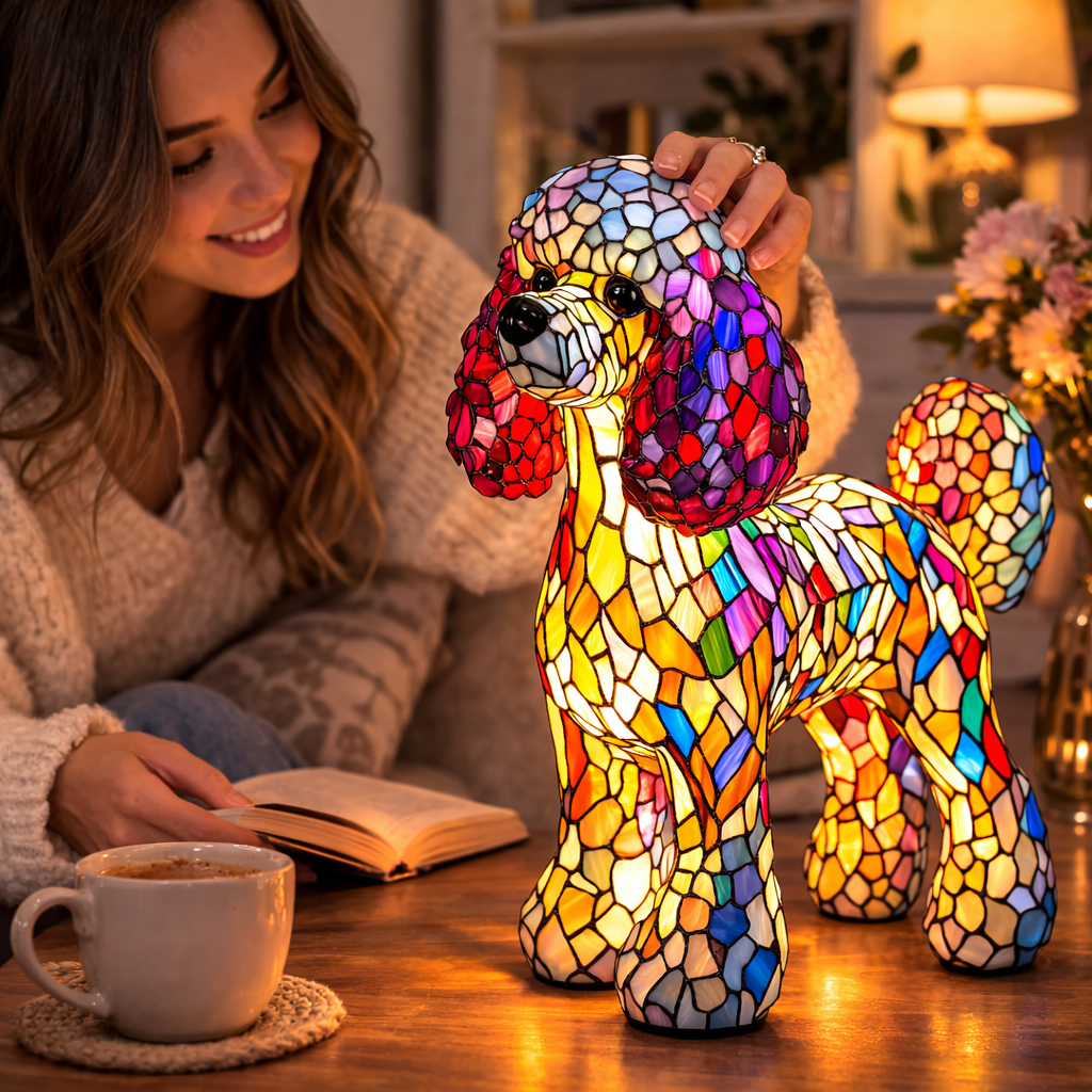 Colorful Dog Table Lamp Stained Glass LED Night Light Bedroom