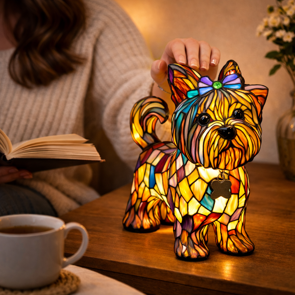 Colorful Dog Table Lamp Stained Glass LED Night Light Bedroom