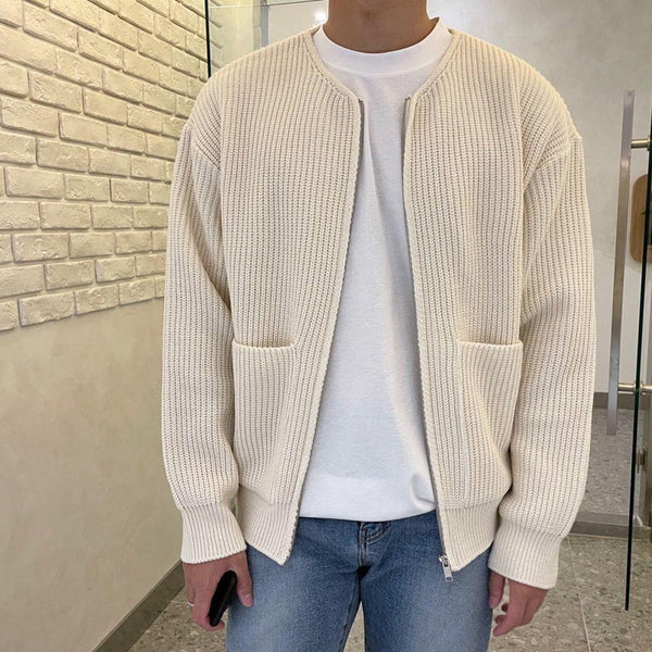 Men's Minimalist Zip-Up Cardigan - Stylish Round Neck Ribbed Knit Sweater for Everyday Comfort and Versatility