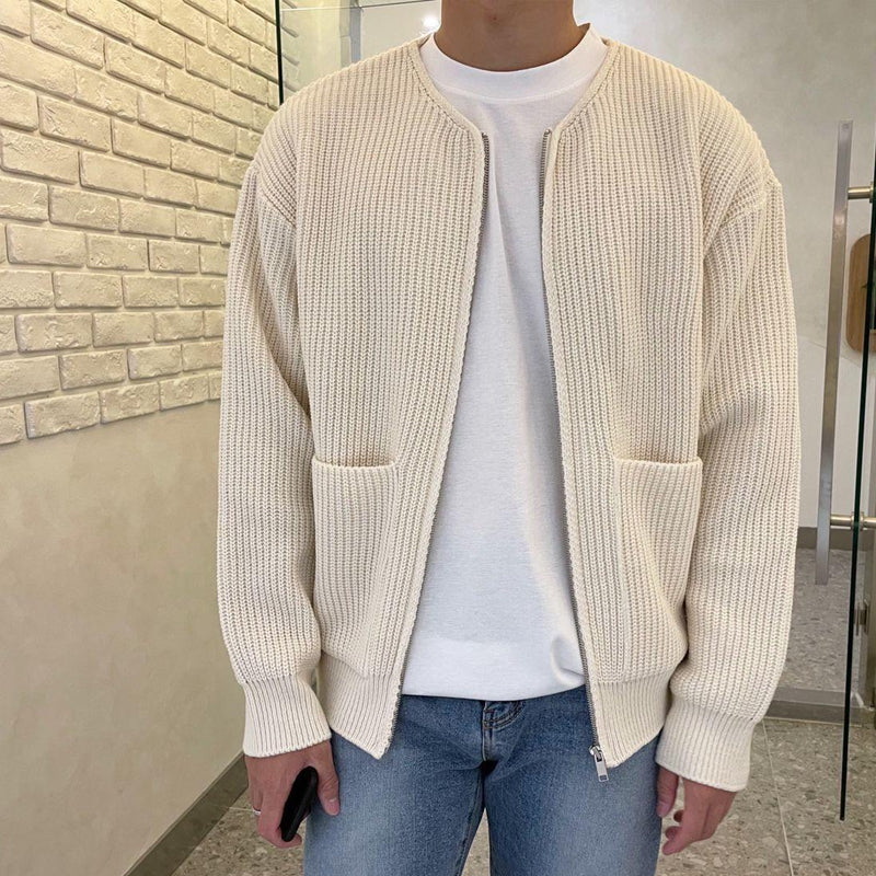 Men's Minimalist Zip-Up Cardigan - Stylish Round Neck Ribbed Knit Sweater for Everyday Comfort and Versatility